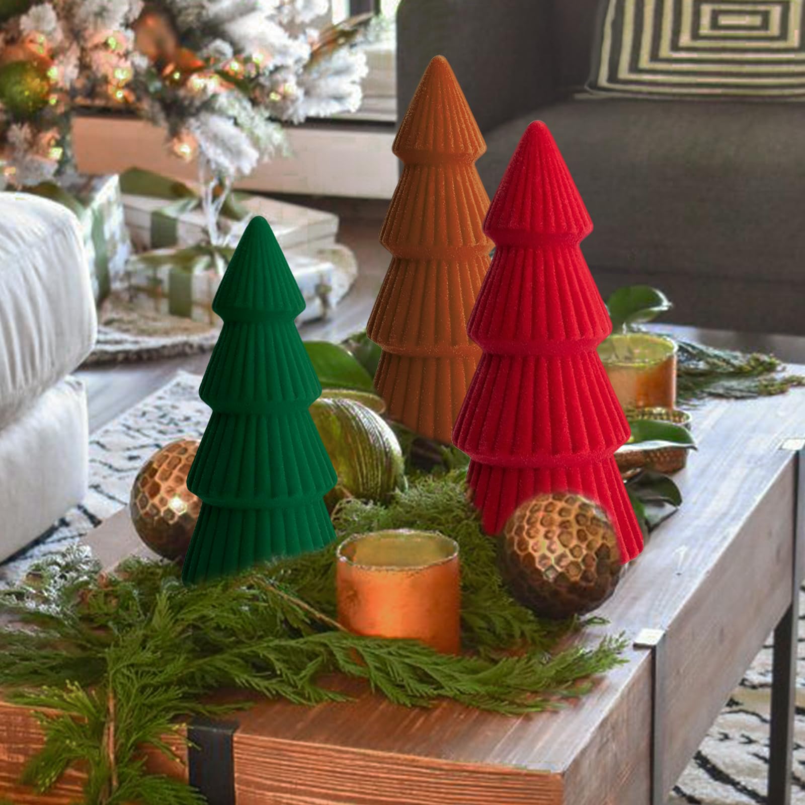 Christmas Decorations Indoor- 3 Pcs Velvet Christmas Tree,Modern Cone Ceramics Christmas Decor Tabletop Winter Home Minimalist for Holiday Entryway Table Mantel Centerpiece(Green)