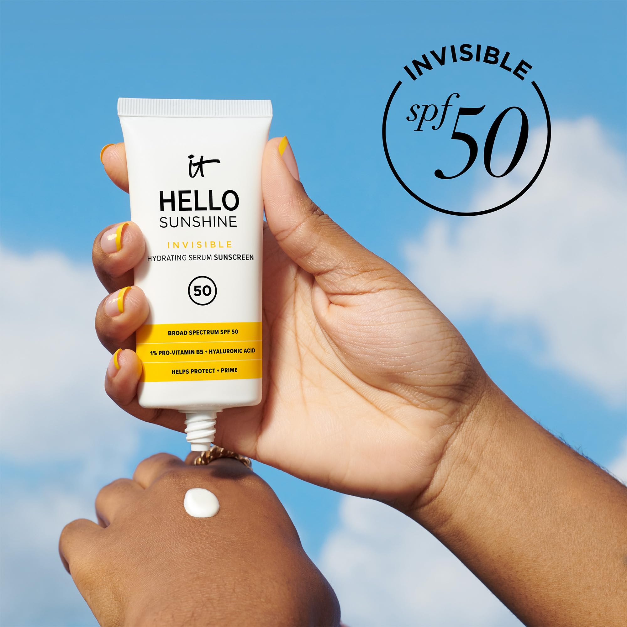 IT Cosmetics Hello Sunshine Invisible Sunscreen for Face SPF 50 - Sunscreen, Hydrating Serum &amp; Makeup Primer - 1% Pro-Vitamin B5 &amp; Hyaluronic Acid - HSA/FSA Eligible - No White Cast - 1.69 fl oz
