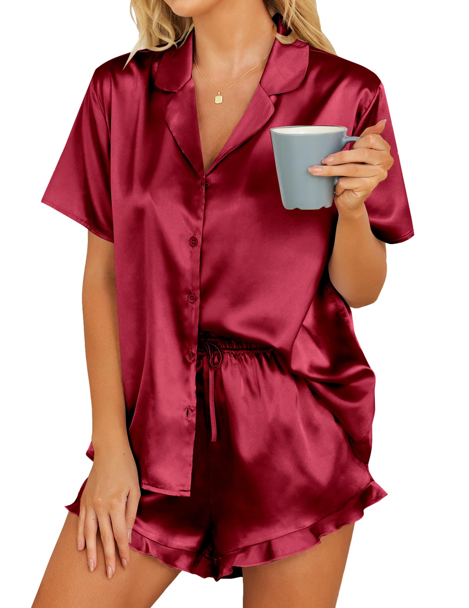 HOTOUCH Womens Satin Pajamas Set Button Down 2 Piece Silk Pjs Shorts Set Ruffle Lingerie Notch Collar Sleepwear