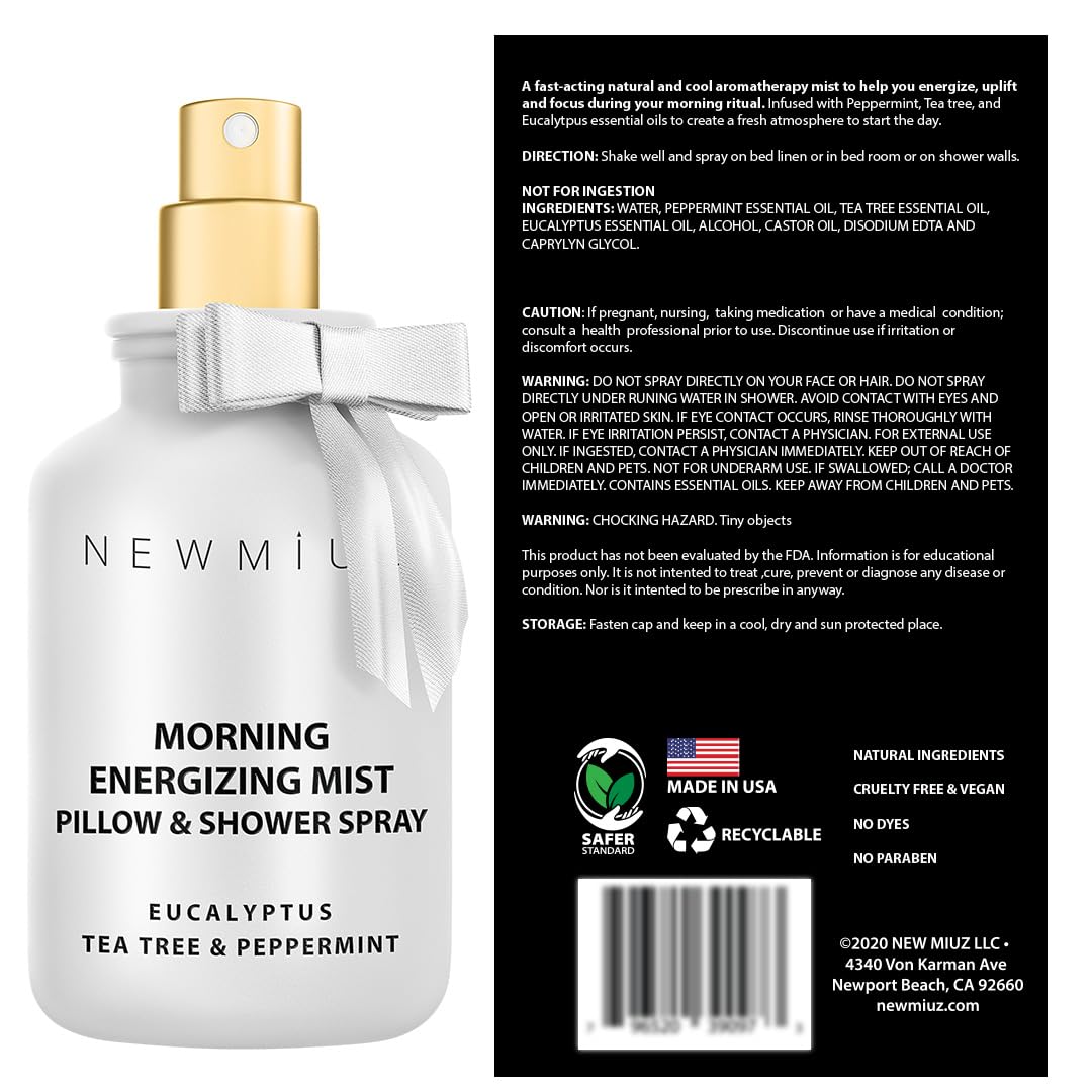 Energizing Shower &amp; Pillow Spray Peppermint Eucalyptus Tea tree Essential Oils Natural Fast Acting Aromatherapy Mist for Relaxation Calming Stress Clear Sinus Cooling Relief Luxury Self care Gift