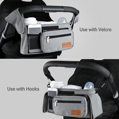 Momcozy Universal Baby Stroller Organizer, 2 Insulated Cup Holder, Detachable Zippered Pocket, Adjustable Shoulder Strap, Large capacity for baby essentials, Compact Design Fits Any Strollers