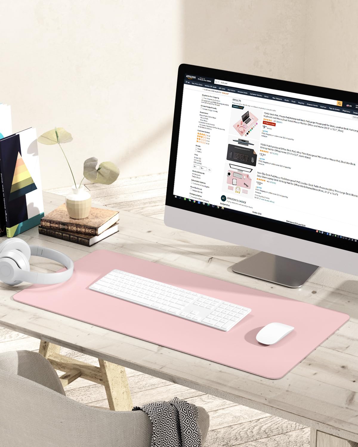 Non-Slip Desk Pad,Mouse Pad,Waterproof PVC Leather Desk Table Protector,Ultra Thin Large Desk Blotter, Easy Clean Laptop Desk Writing Mat for Office Work/Home/Decor(Pink, 23.6&quot; x 13.7&quot;)