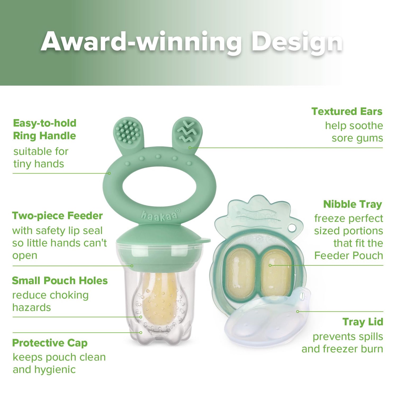 Haakaa Baby Fruit Food Feeder &amp; Mini Freezer Nibble Tray Combo, Breastmilk Popsicle Molds for Cooling Relief, BPA Free Silicone Feeder for Safe Infant Self Feeding, 4 Month+ (Pea Green)
