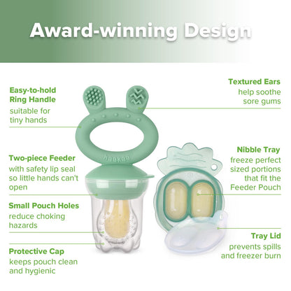 Haakaa Baby Fruit Food Feeder &amp; Mini Freezer Nibble Tray Combo, Breastmilk Popsicle Molds for Cooling Relief, BPA Free Silicone Feeder for Safe Infant Self Feeding, 4 Month+ (Pea Green)