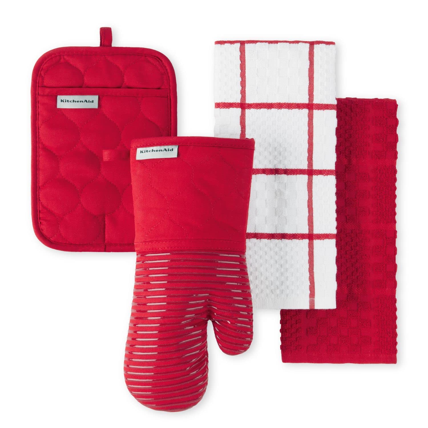 KITCHENAID Quilted Cotton Terry Cloth Oven Mitt, Pot Holder, Kitchen Towel 4-Pack Set, Heat Resistant, Silicone Grip, Gift Set, Milkshake, 16&quot;x26&quot;, 7&quot;x13&quot; &amp; 7&quot;x10&quot;