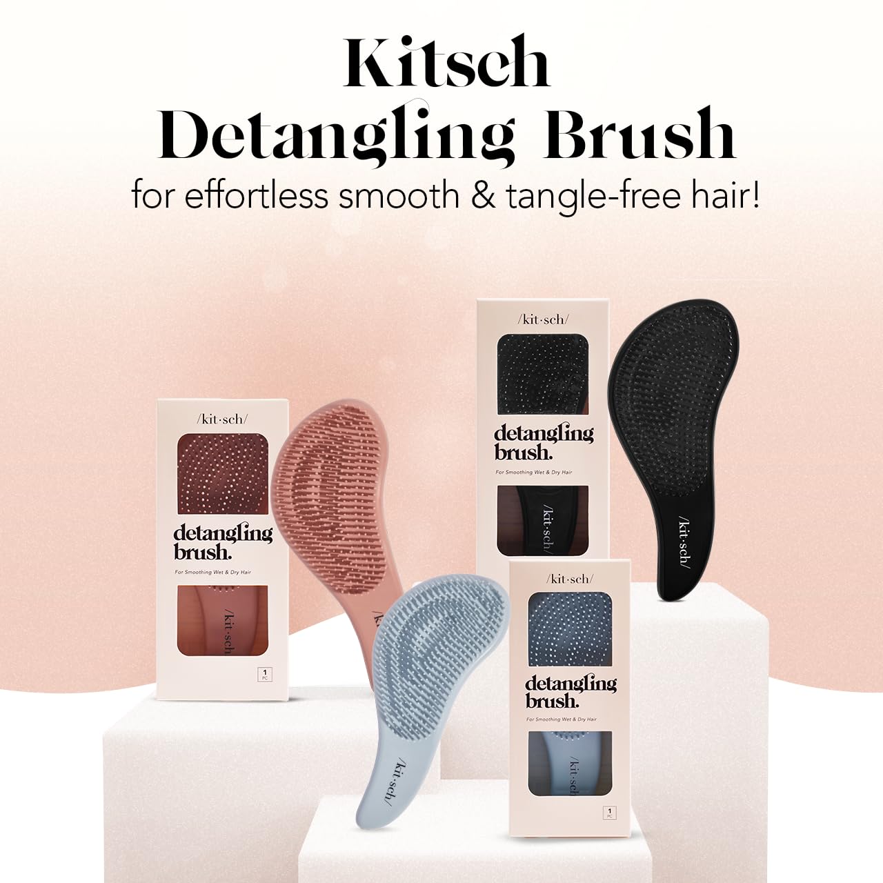 Kitsch Detangler Brush for Curly, Straight, Wet and Dry Hair - No Pain Hair Detangler Brush with Flexible Bristles, Easy-to-Hold, Shower &amp; Travel Hair Brush for Adults and Kids - Black