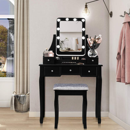 DORTALA Vanity Table Set with 360° Mirror &amp; Cushioned Stool, Makeup Table with 10 LED Dimmable Bulbs, Bedroom Wood Dressing Table with 5 Drawers and Removable Box Organizer, Gift for Females (White)