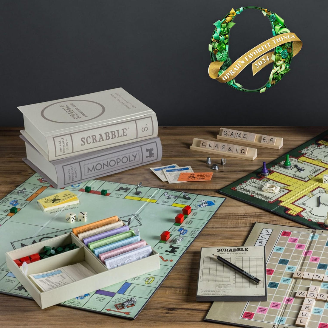 Scrabble, Monopoly, and Clue Vintage Board Game Bookshelf Collection