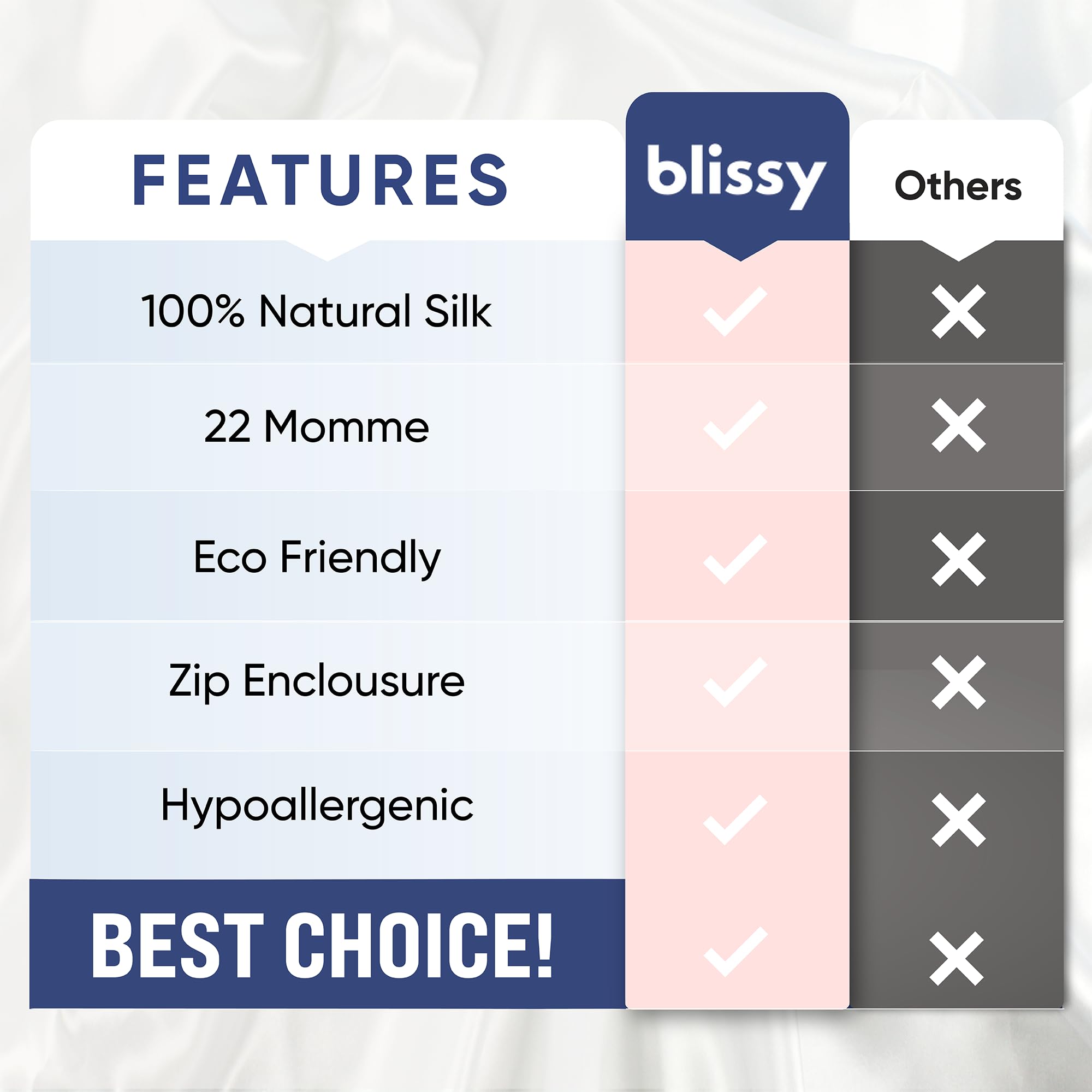Blissy Silk Pillowcase - 100% Pure Mulberry Silk - 22 Momme 6A High-Grade Fibers - Silk Pillow Cover for Hair &amp; Skin - Regular, Queen &amp; King with Hidden Zipper (Standard,Blissy White)