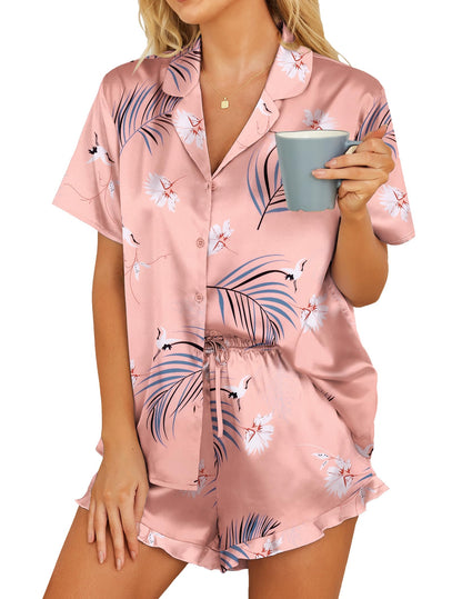HOTOUCH Womens Satin Pajamas Set Button Down 2 Piece Silk Pjs Shorts Set Ruffle Lingerie Notch Collar Sleepwear