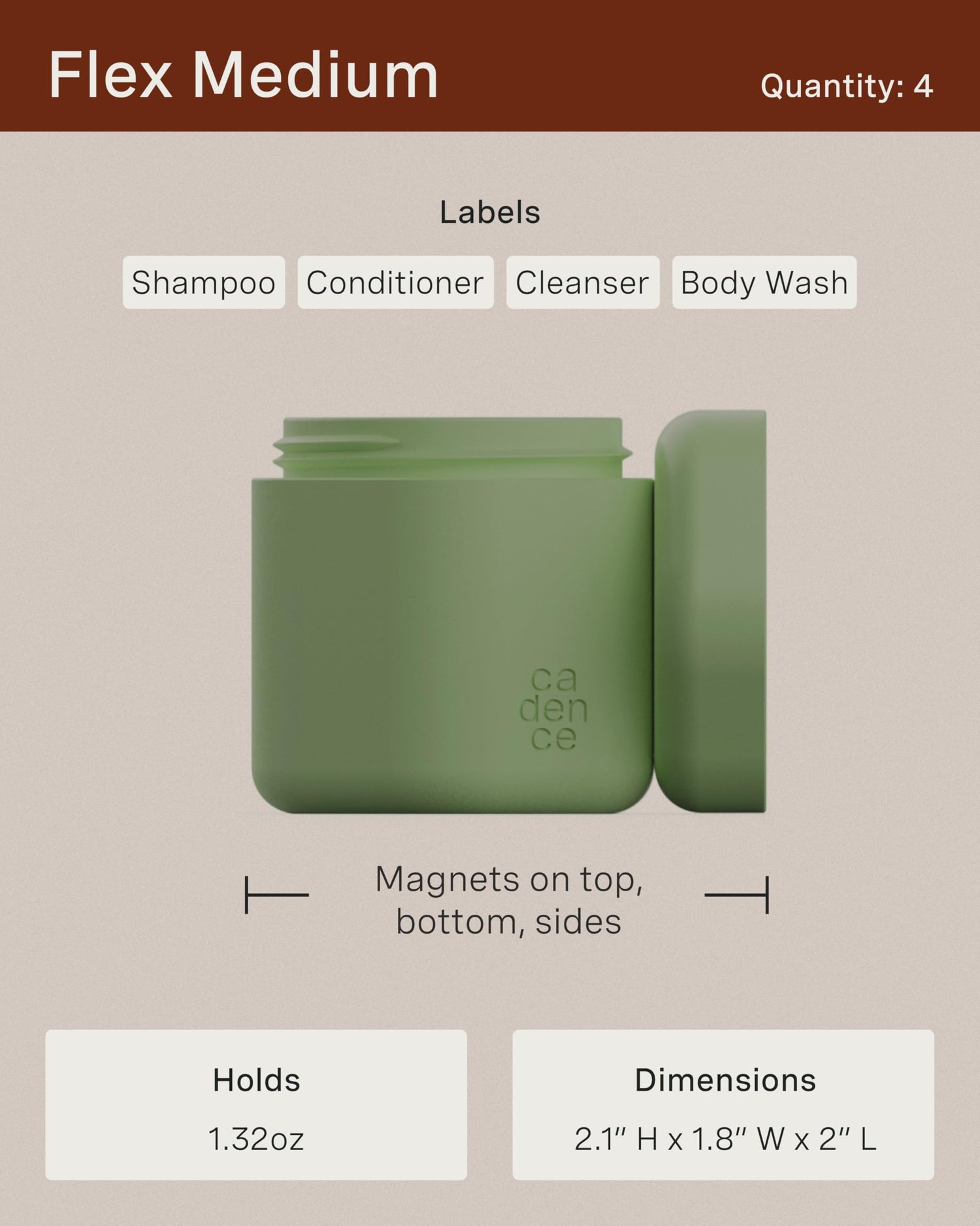 Cadence Travel Containers - Daily Routine Capsule Set - Magnetic Travel Capsules - For Shampoo, Conditioner, Body Wash, Pills, and More - 4 Flex Mediums (1.32oz) &amp; 3 Flex Smalls (0.56oz) - Sand