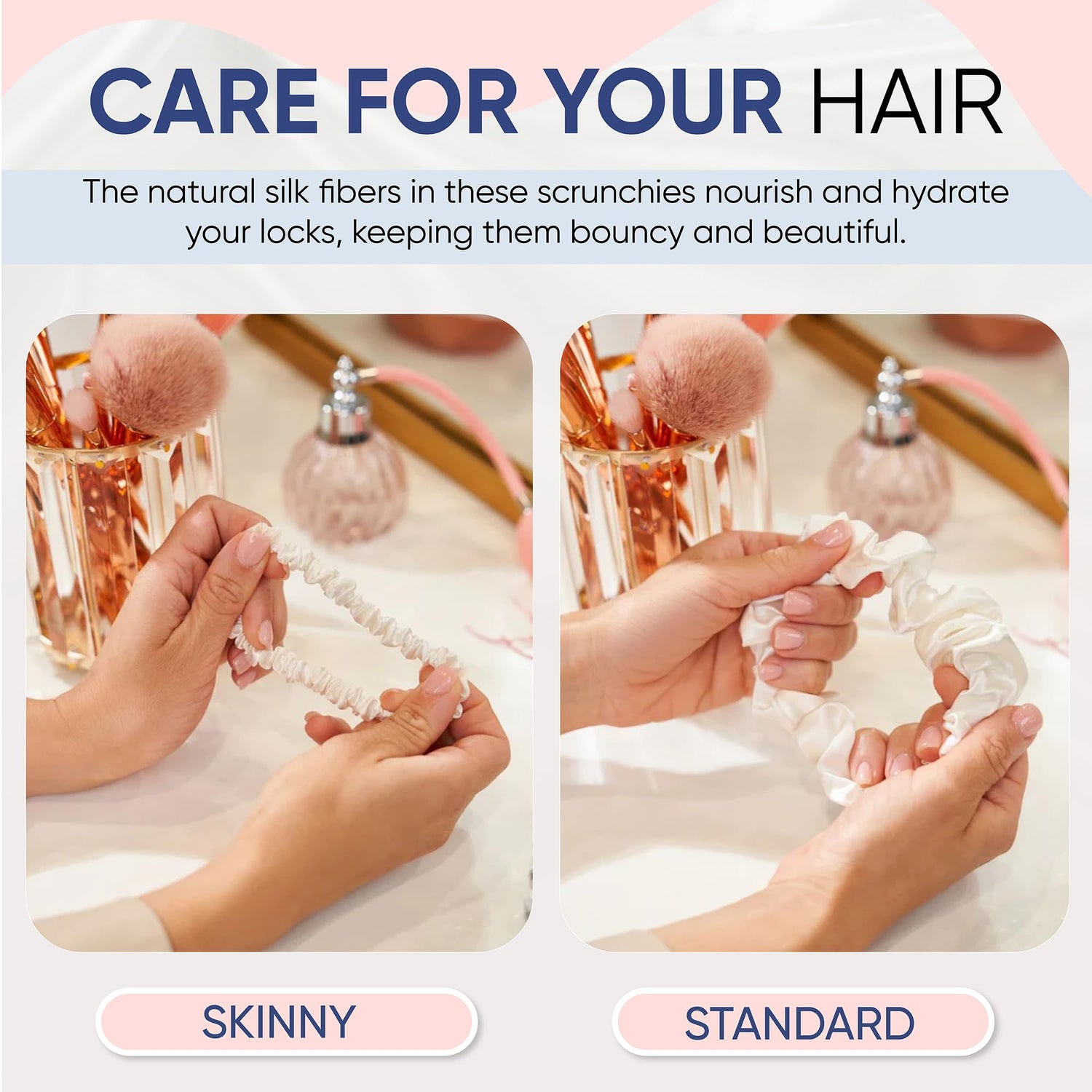 Blissy Silk Scrunchies (3 Pack) - 100% Pure Mulberry Silk - 22 Momme 6A High-Grade Fibers - Silk Scrunchie for Straight &amp; Curly Hair - Preventing Breakage, Tangling, &amp; Creasing (Rose Skinny)