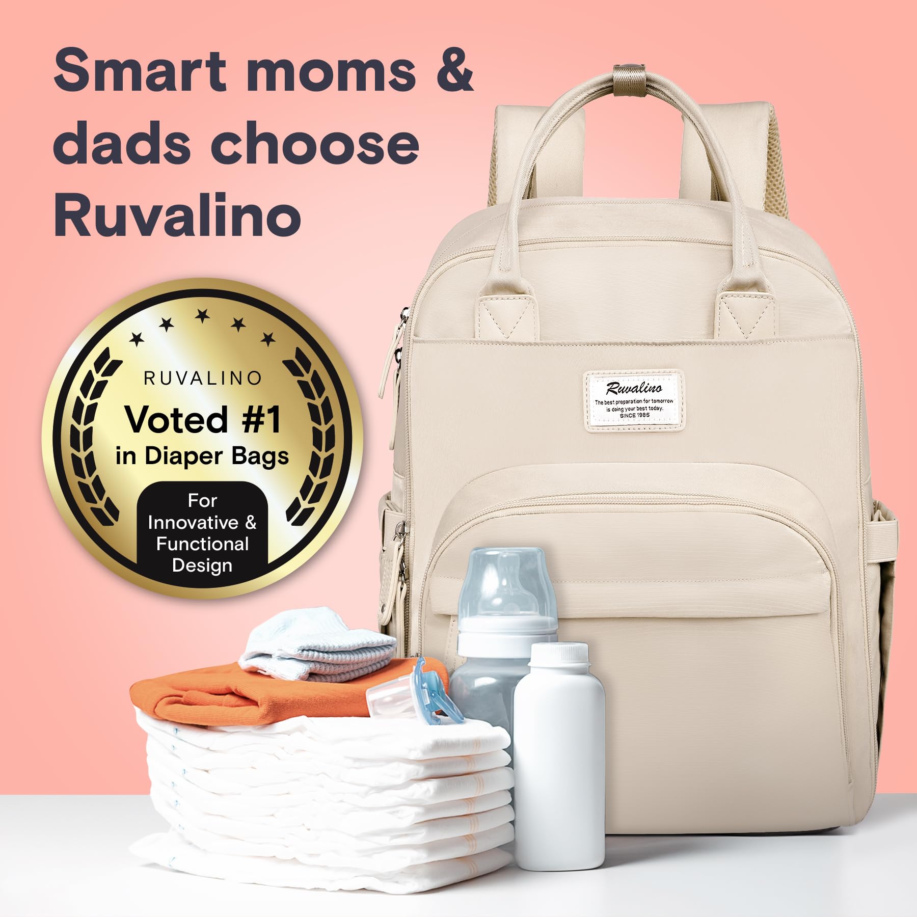 RUVALINO Diaper Bag Backpack, Multifunction Travel Pack Maternity Baby Changing Bags, Large Capacity, Waterproof, Beige
