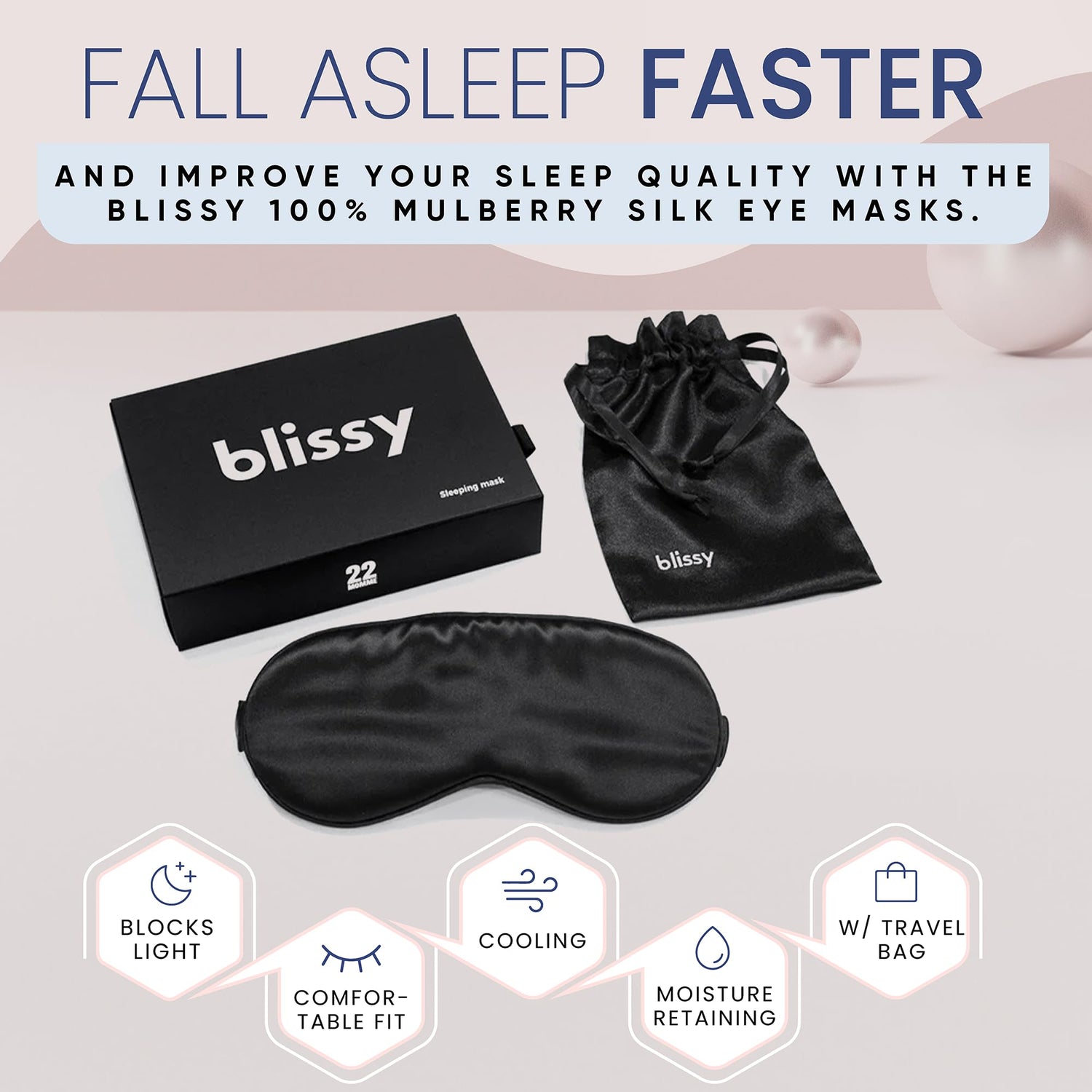 Blissy Silk Sleep Mask - Silk Eye Sleeping Mask for Women &amp; Men for Total Blackout - Silk Eye Mask - 100% Pure Mulberry Silk, 22 Momme 6a Fibers - Blindfold Silk Sleep Mask Side Sleeper Eye Cover