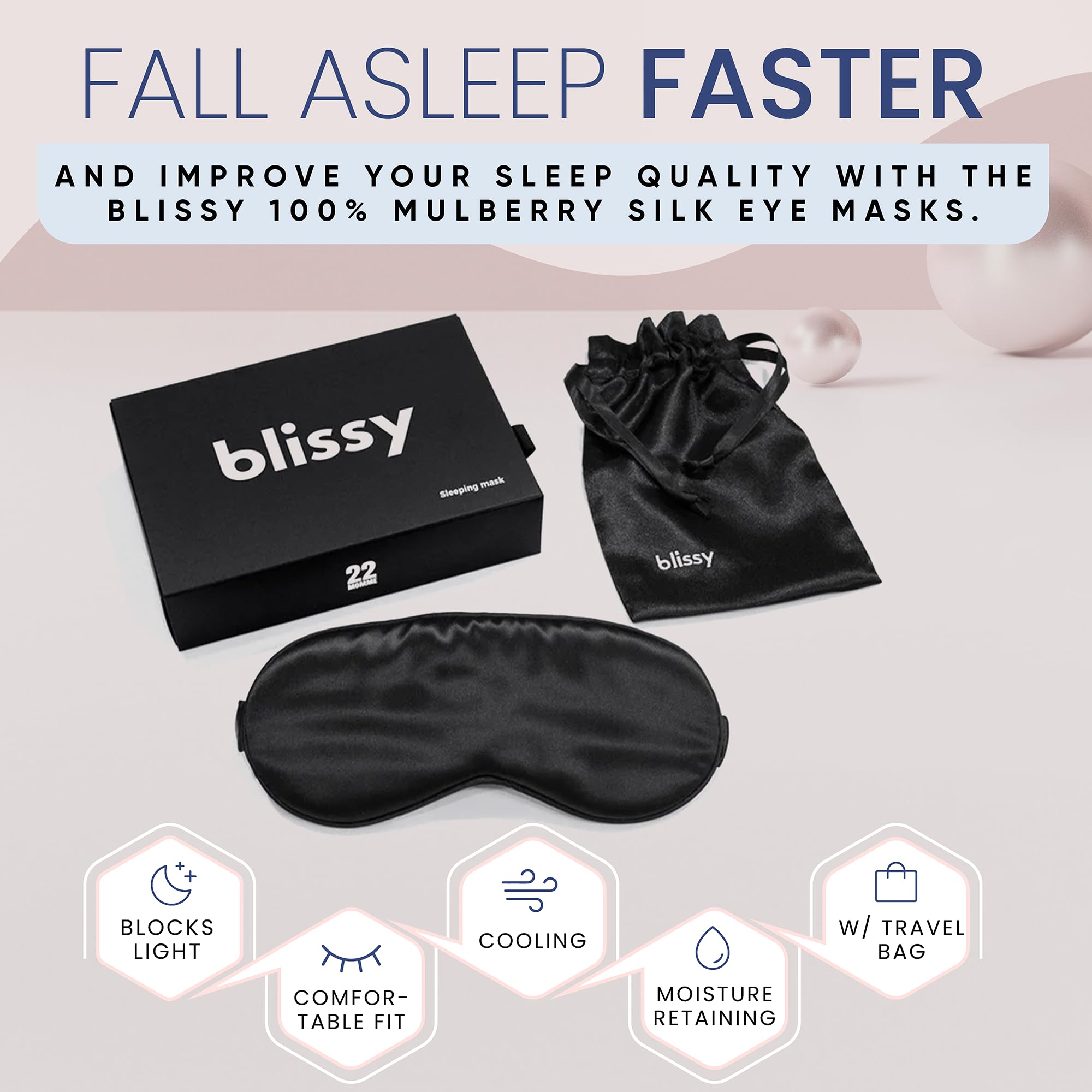 Blissy Silk Sleep Mask - Silk Eye Sleeping Mask for Women &amp; Men for Total Blackout - Silk Eye Mask - 100% Pure Mulberry Silk, 22 Momme 6a Fibers - Blindfold Silk Sleep Mask Side Sleeper Eye Cover