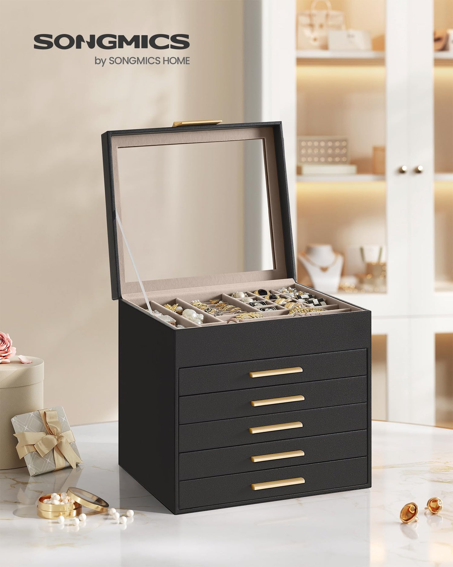 SONGMICS Jewelry Box with Glass Lid, 3-Layer Jewelry Organizer, 2 Drawers, for Big and Small Jewelry, Jewelry Storage, Modern Style, 8 x 9.1 x 5.3 Inches, Cloud White and Gold Color UJBC239WT