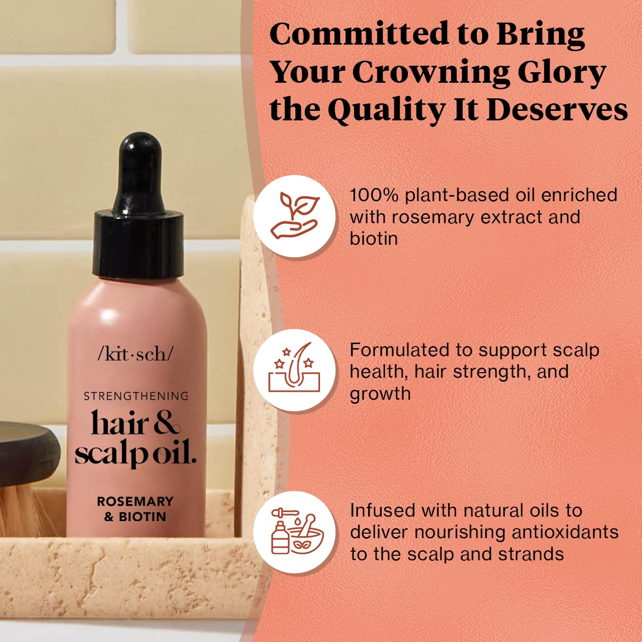 Kitsch Rosemary Oil for Hair Growth &amp; Healthy Scalp, Pre Wash Scalp &amp; Hair Oil Infused with Biotin, Hair Growth Serum &amp; Hair Strengthening Treatment, Nourishing &amp; Volumizing in Recycled Bottle, 60 mL