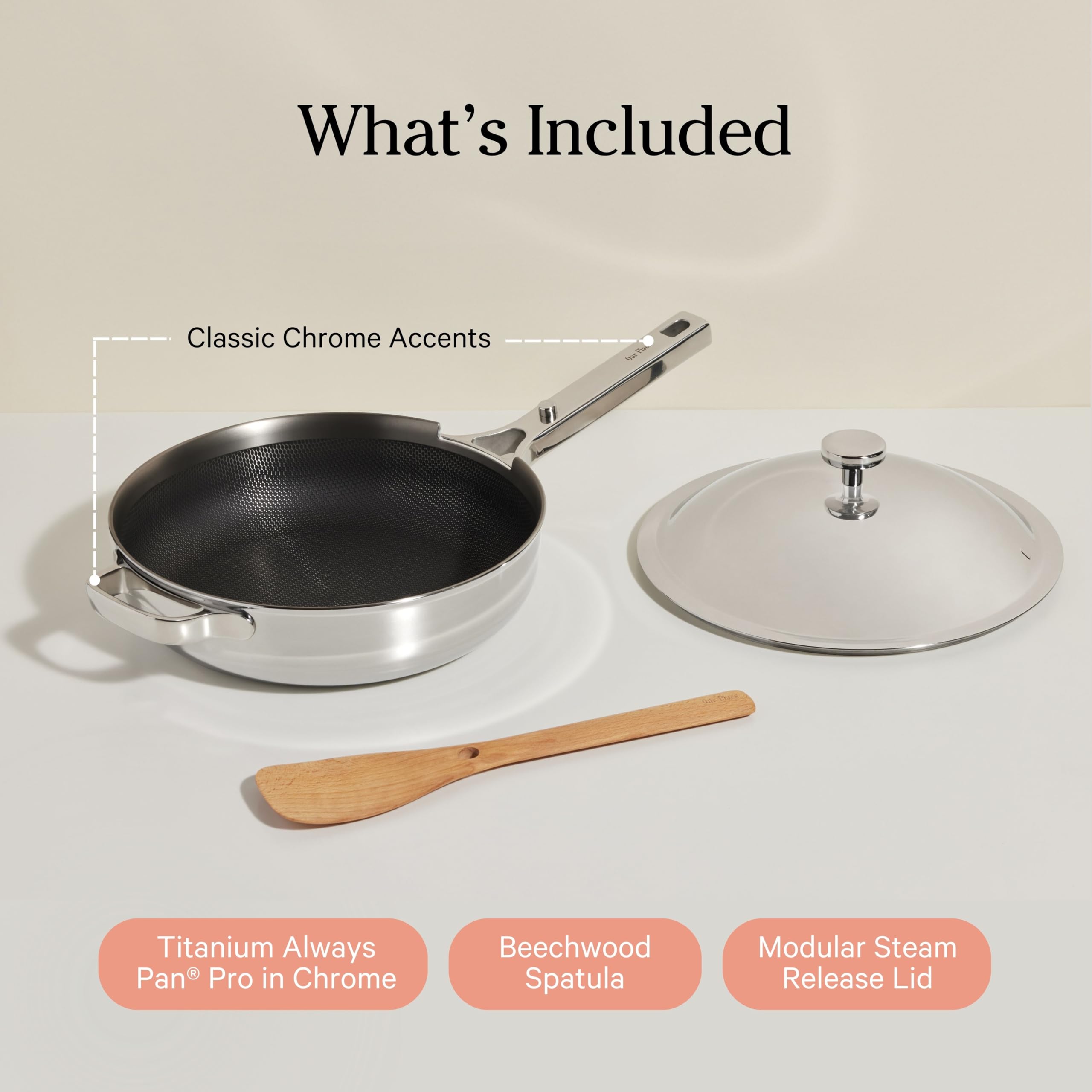 Our Place Titanium Always Pan Pro - No-Coating Nonstick Technology | Tri-Ply Construction with Titanium &amp; Stainless Steel | Heat Safe up to 1000°F | Includes Steam-Release Lid &amp; Spatula | Chrome