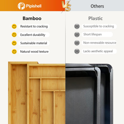 Bamboo Expandable Drawer Organizer for Utensils Holder, Adjustable Cutlery Tray, Wood Drawer Dividers Organizer for Silverware, Flatware, Knives in Kitchen, Bedroom, Living Room by Pipishell