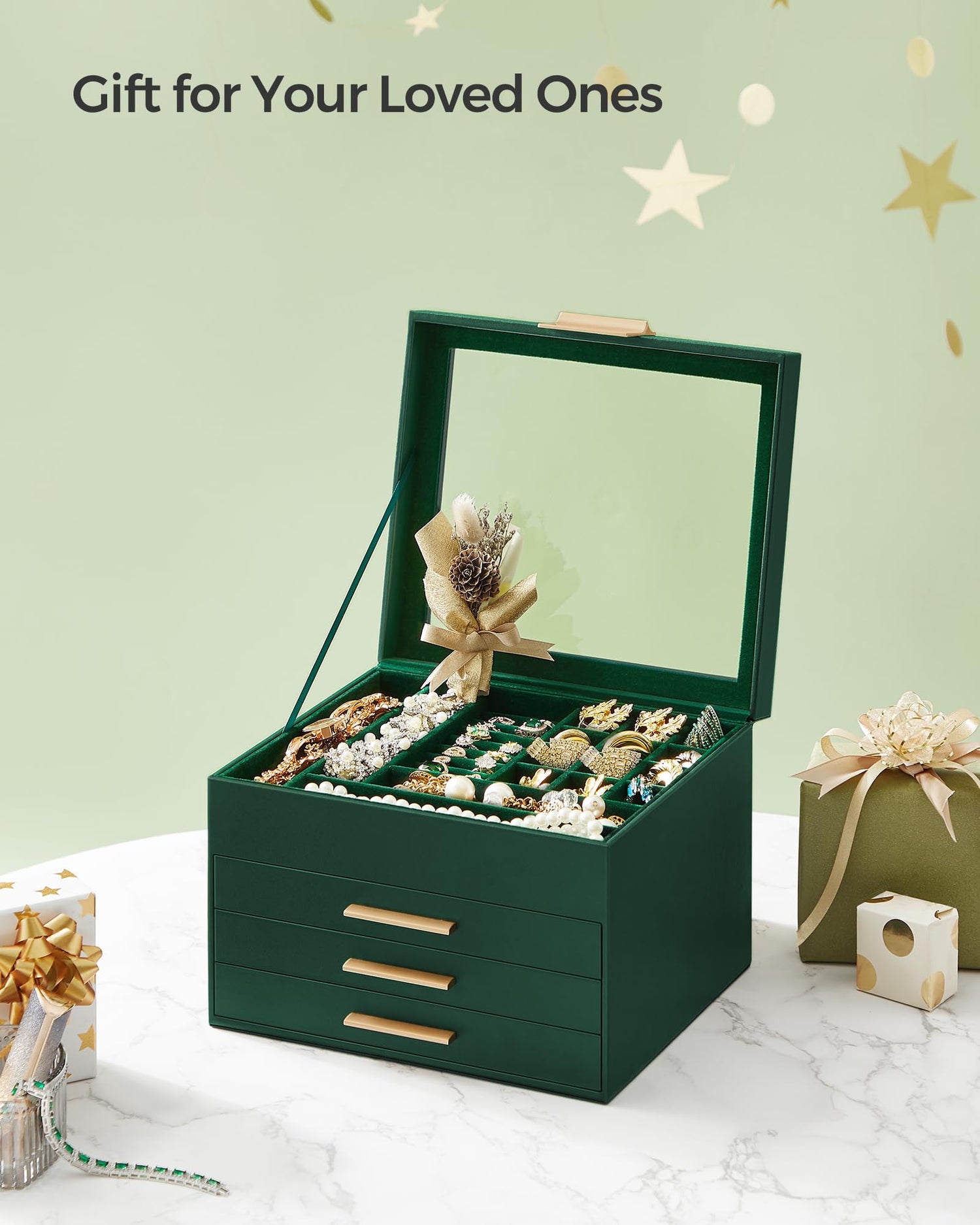 SONGMICS Jewelry Box with Glass Lid, 3-Layer Jewelry Organizer, 2 Drawers, for Big and Small Jewelry, Jewelry Storage, Modern Style, 8 x 9.1 x 5.3 Inches, Cloud White and Gold Color UJBC239WT