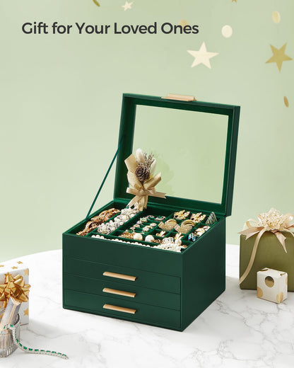 SONGMICS Jewelry Box with Glass Lid, 3-Layer Jewelry Organizer, 2 Drawers, for Big and Small Jewelry, Jewelry Storage, Modern Style, 8 x 9.1 x 5.3 Inches, Cloud White and Gold Color UJBC239WT