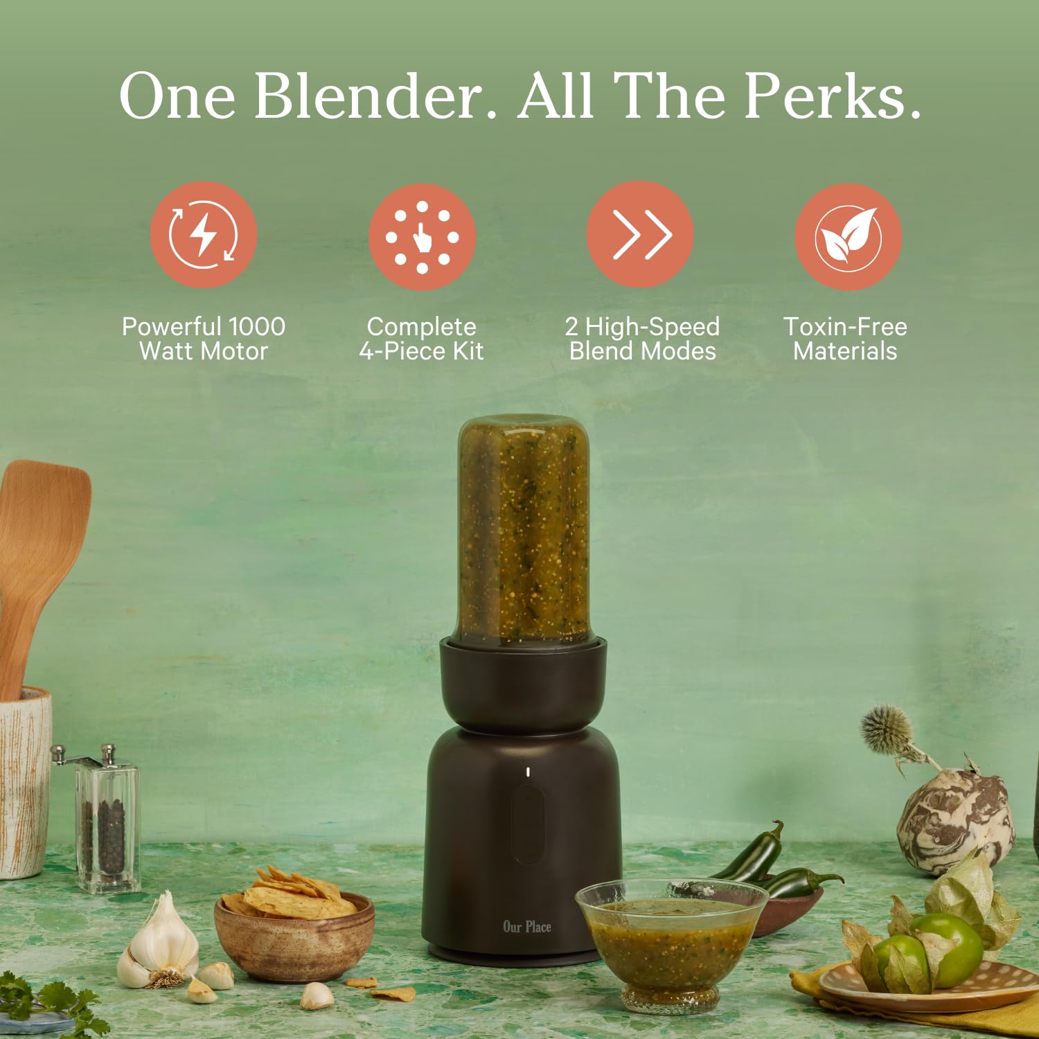 Our Place Splendor Blender - 1000W High-Power | Ultra-Sharp Blades | 2 Blending Modes | Includes 25 oz Personal Cup and Drinking Lid Set | Smoothies, Shakes &amp; More | Blue Salt