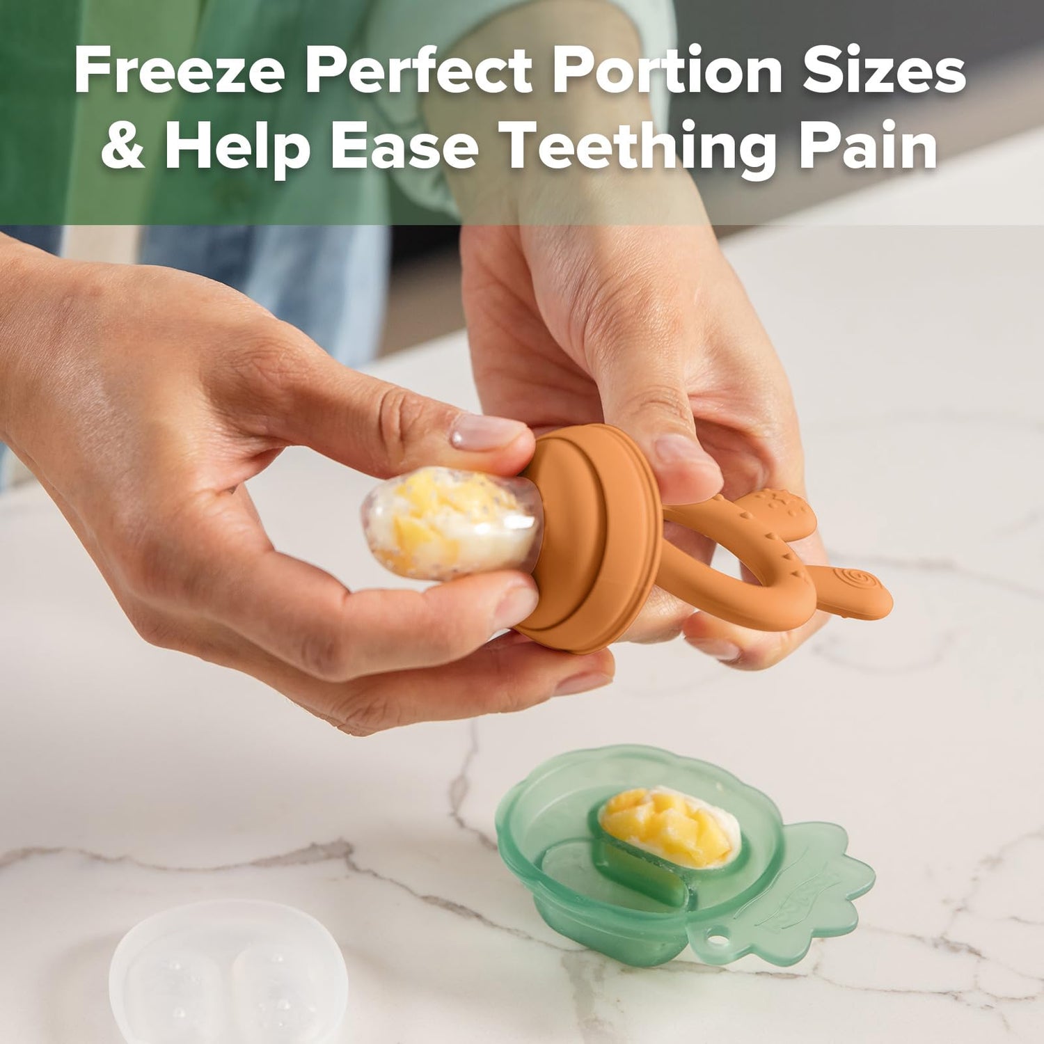 Haakaa Baby Fruit Food Feeder &amp; Mini Freezer Nibble Tray Combo, Breastmilk Popsicle Molds for Cooling Relief, BPA Free Silicone Feeder for Safe Infant Self Feeding, 4 Month+ (Pea Green)