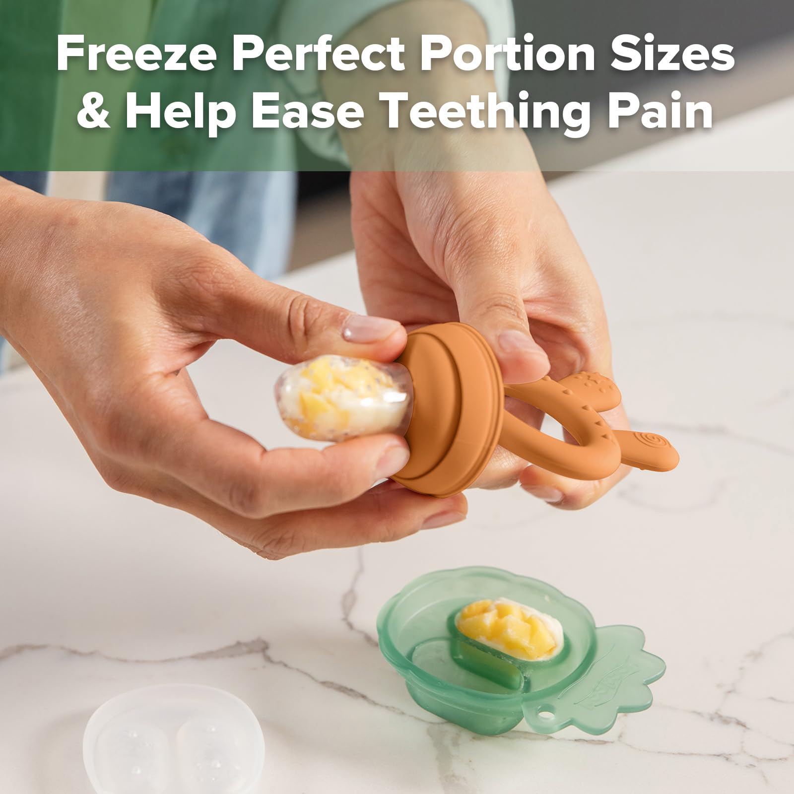 Haakaa Baby Fruit Food Feeder &amp; Mini Freezer Nibble Tray Combo, Breastmilk Popsicle Molds for Cooling Relief, BPA Free Silicone Feeder for Safe Infant Self Feeding, 4 Month+ (Pea Green)
