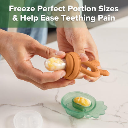 Haakaa Baby Fruit Food Feeder &amp; Mini Freezer Nibble Tray Combo, Breastmilk Popsicle Molds for Cooling Relief, BPA Free Silicone Feeder for Safe Infant Self Feeding, 4 Month+ (Pea Green)