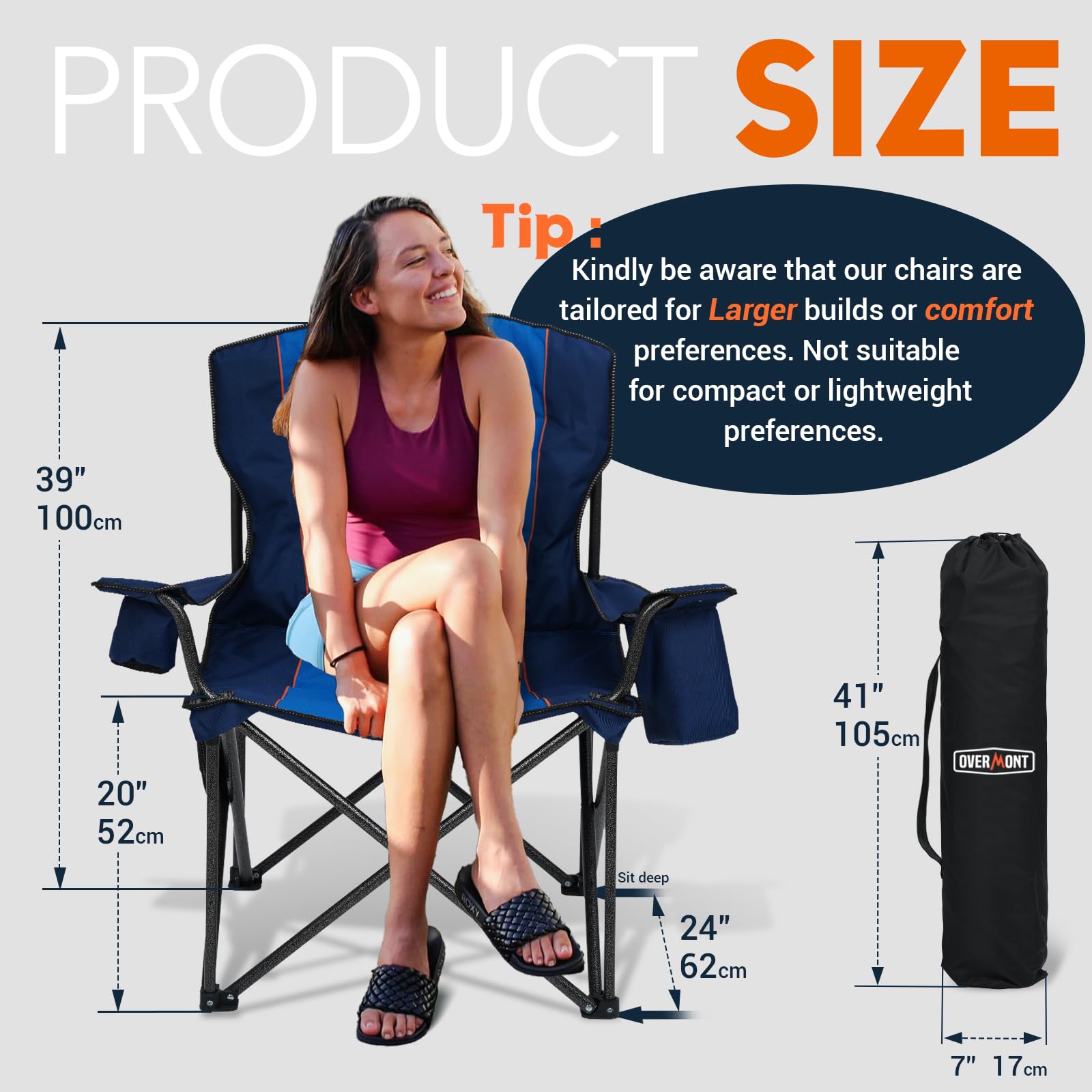 Overmont Oversized Folding Camping Chair - Fully Padded with Cooler Pocket Carry Bag - Heavy Duty Portable Collapsible Lawn Chair Supports 450 LBS for Outdoor Sports Beach Garden Picnic