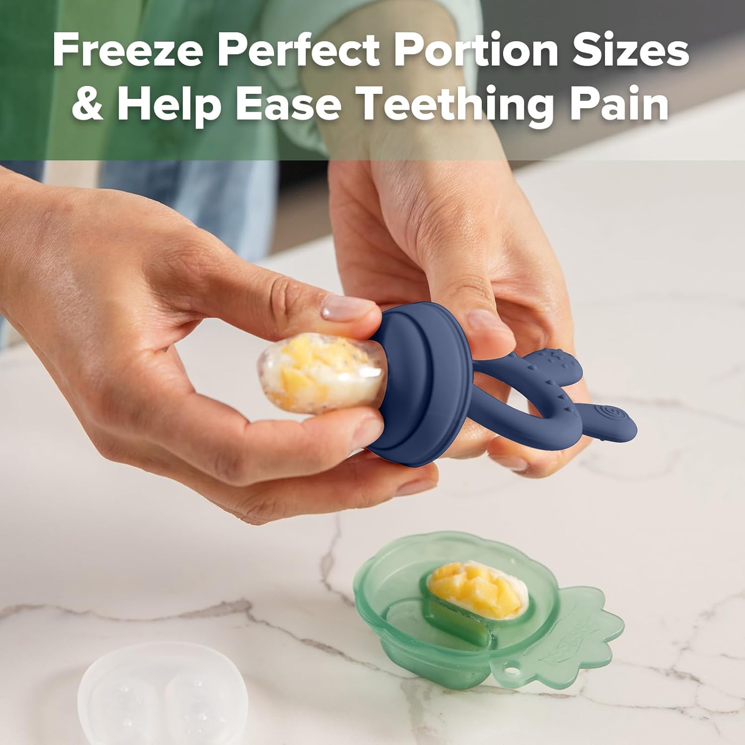 Haakaa Baby Fruit Food Feeder &amp; Mini Freezer Nibble Tray Combo, Breastmilk Popsicle Molds for Cooling Relief, BPA Free Silicone Feeder for Safe Infant Self Feeding, 4 Month+ (Pea Green)