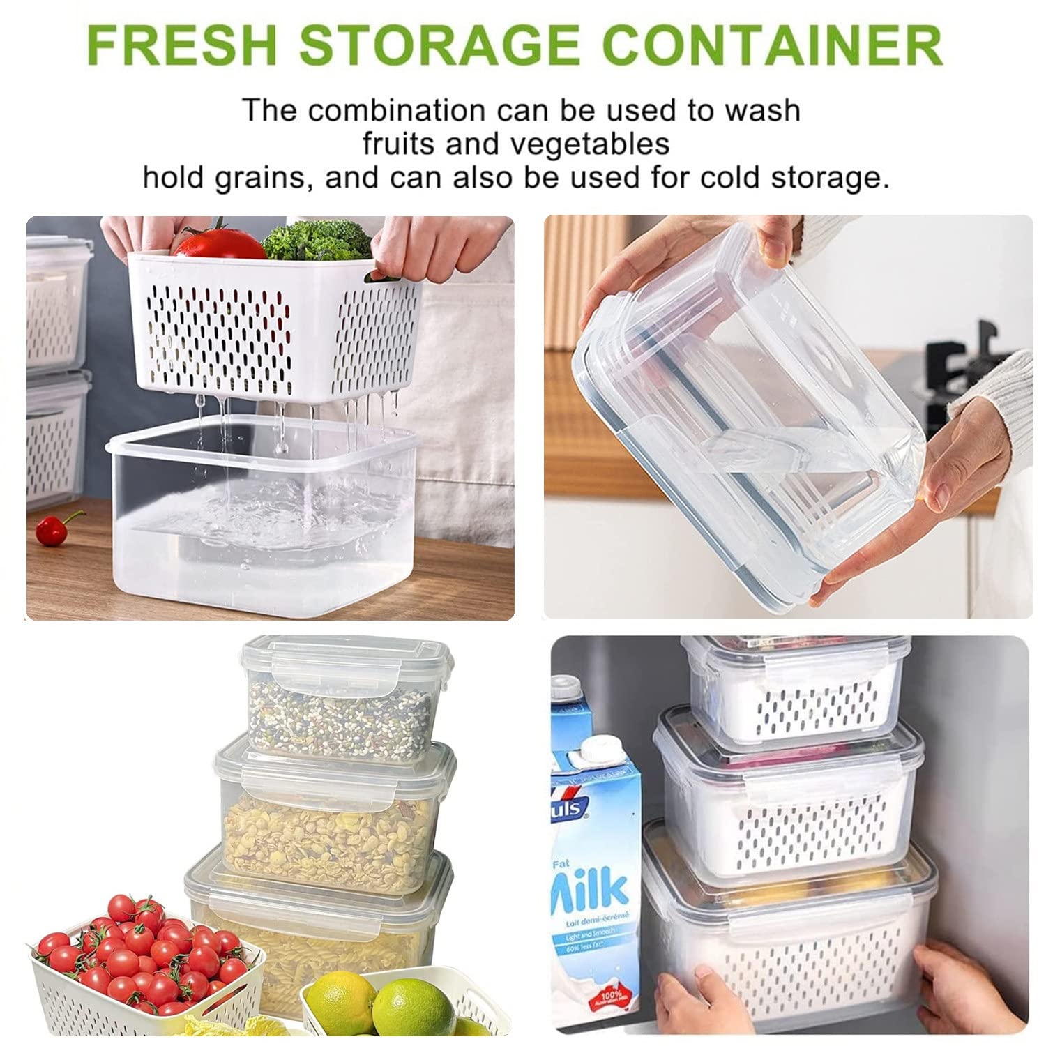 Fresh Food Storage Containers, 3 Pack Large Capacity Produce Saver Box with Drain Baskets &amp; Lid for Vegetable and Fruit - BPA Free Stackable Refrigerator Organizer for Kitchen (0.8L+1.7L+3.15L)