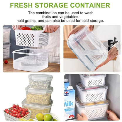 Fresh Food Storage Containers, 3 Pack Large Capacity Produce Saver Box with Drain Baskets &amp; Lid for Vegetable and Fruit - BPA Free Stackable Refrigerator Organizer for Kitchen (0.8L+1.7L+3.15L)