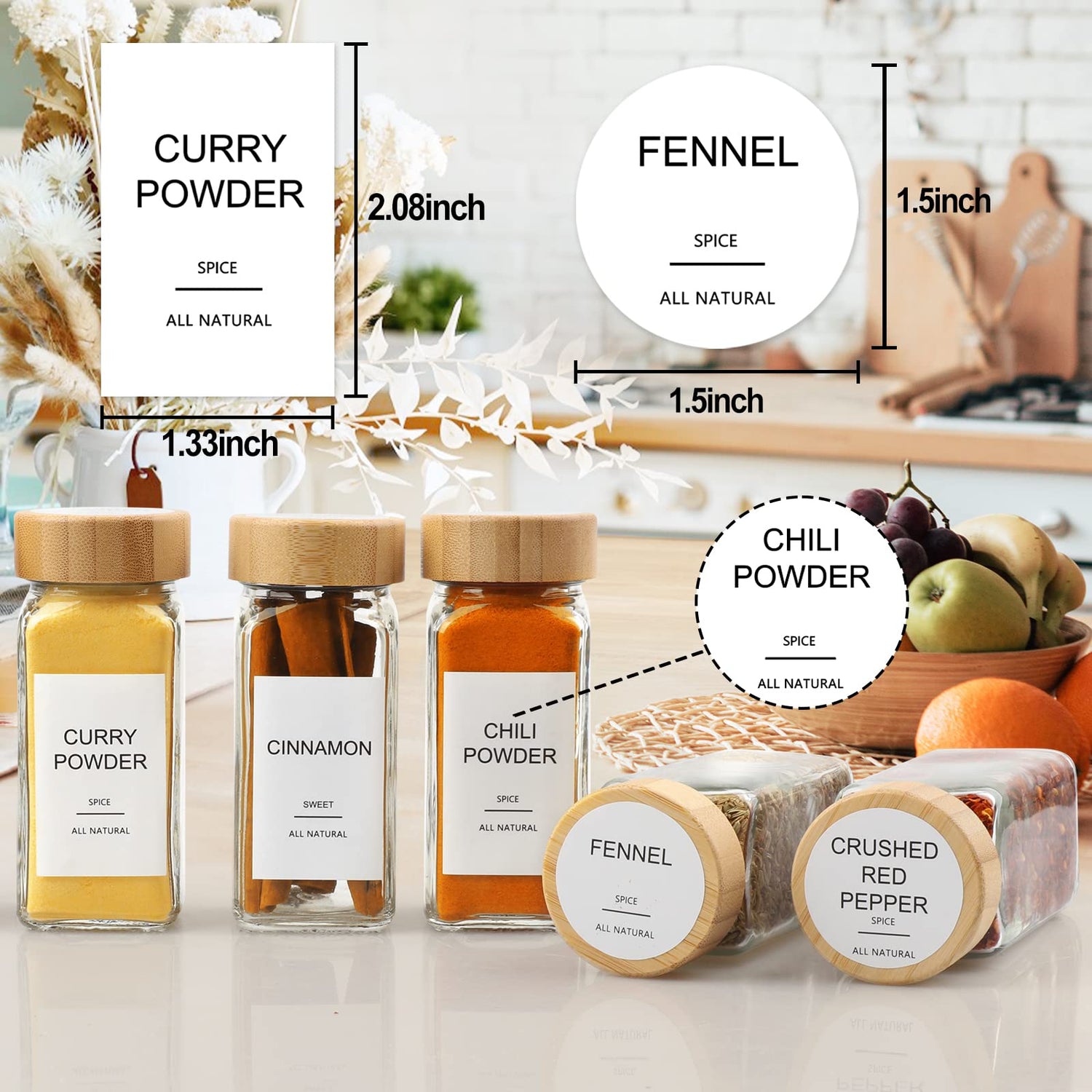 AISIPRIN 24 Pcs Glass Spice Jars with Bamboo Airtight Lids and 398 Labels, 4oz Empty Square Containers Seasoning Storage Bottles - Shaker Lids, Funnel, Brush and Marker Included