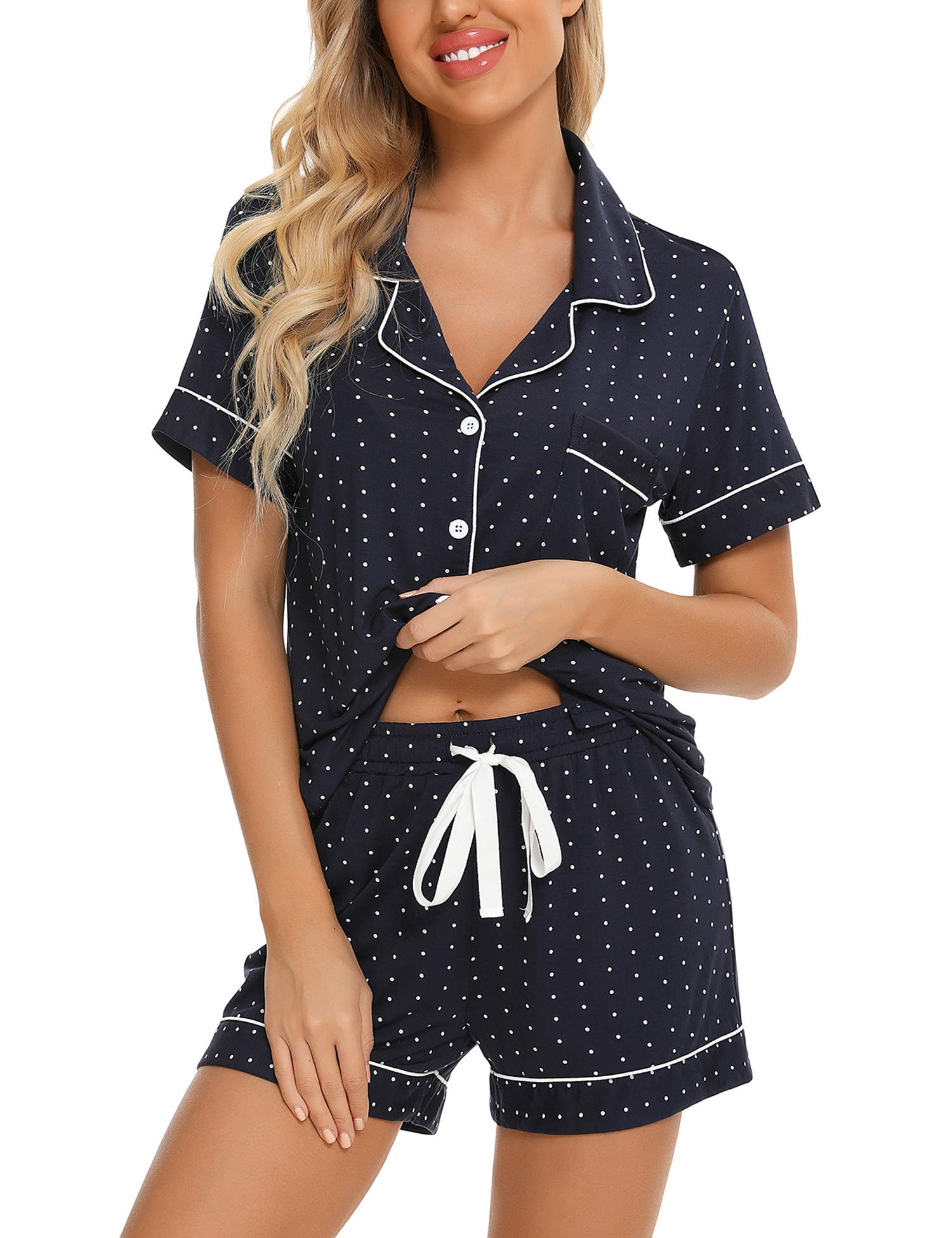 Senert Pajamas Set For Women Short Sleeve Sleepwear Soft Button Down Pjs Set Nightwear Lounge Sets S-XXL