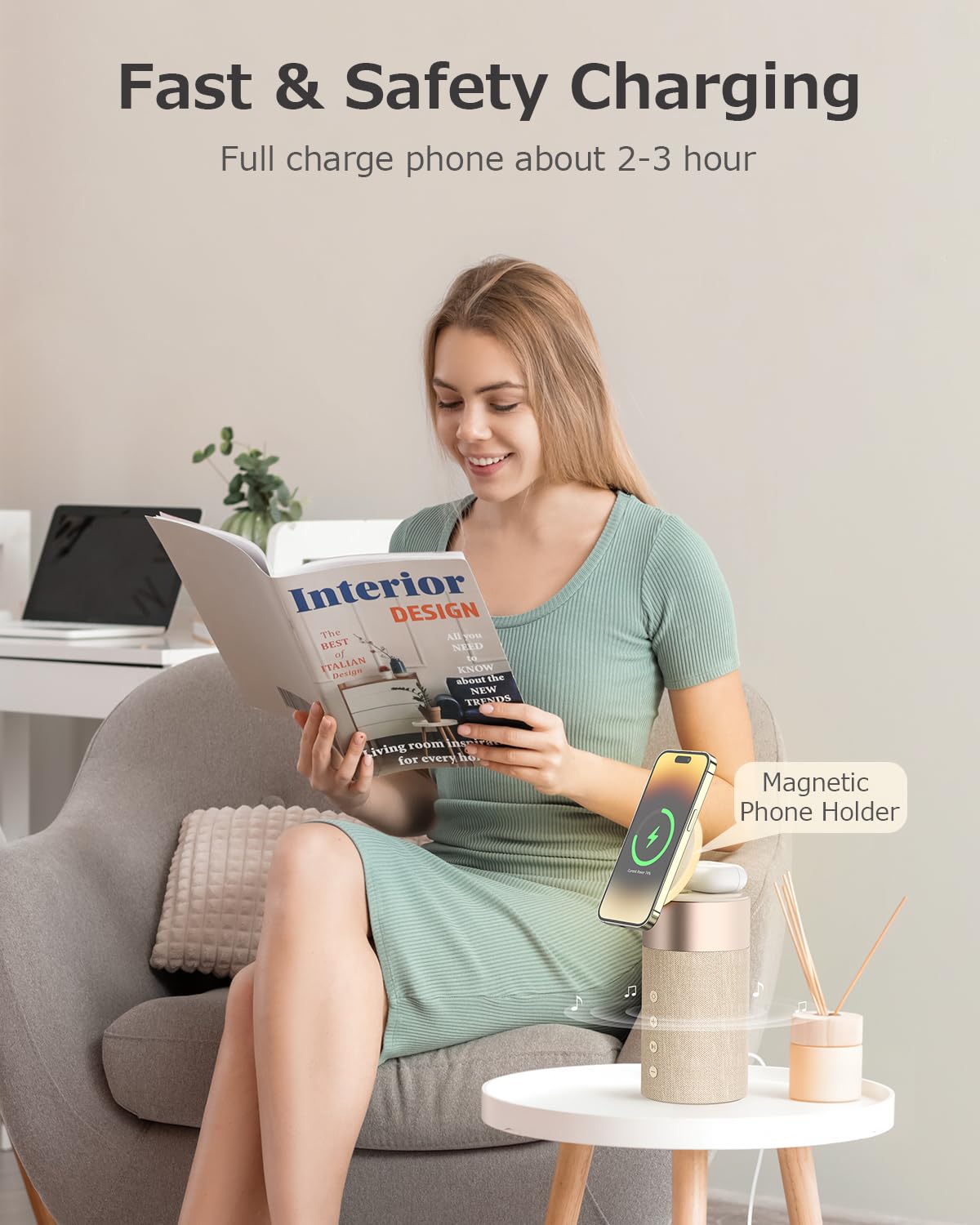 COLSUR Bluetooth Speaker, Magnetic Wireless Charger, Bluetooth Speakers with Night Light, 2 in 1 Wireless Charging Station for iPhone 16/15/14/13/12 Series, AirPods Pro/3/2（Gift Ideal）