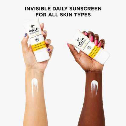 IT Cosmetics Hello Sunshine Invisible Sunscreen for Face SPF 50 - Sunscreen, Hydrating Serum &amp; Makeup Primer - 1% Pro-Vitamin B5 &amp; Hyaluronic Acid - HSA/FSA Eligible - No White Cast - 1.69 fl oz