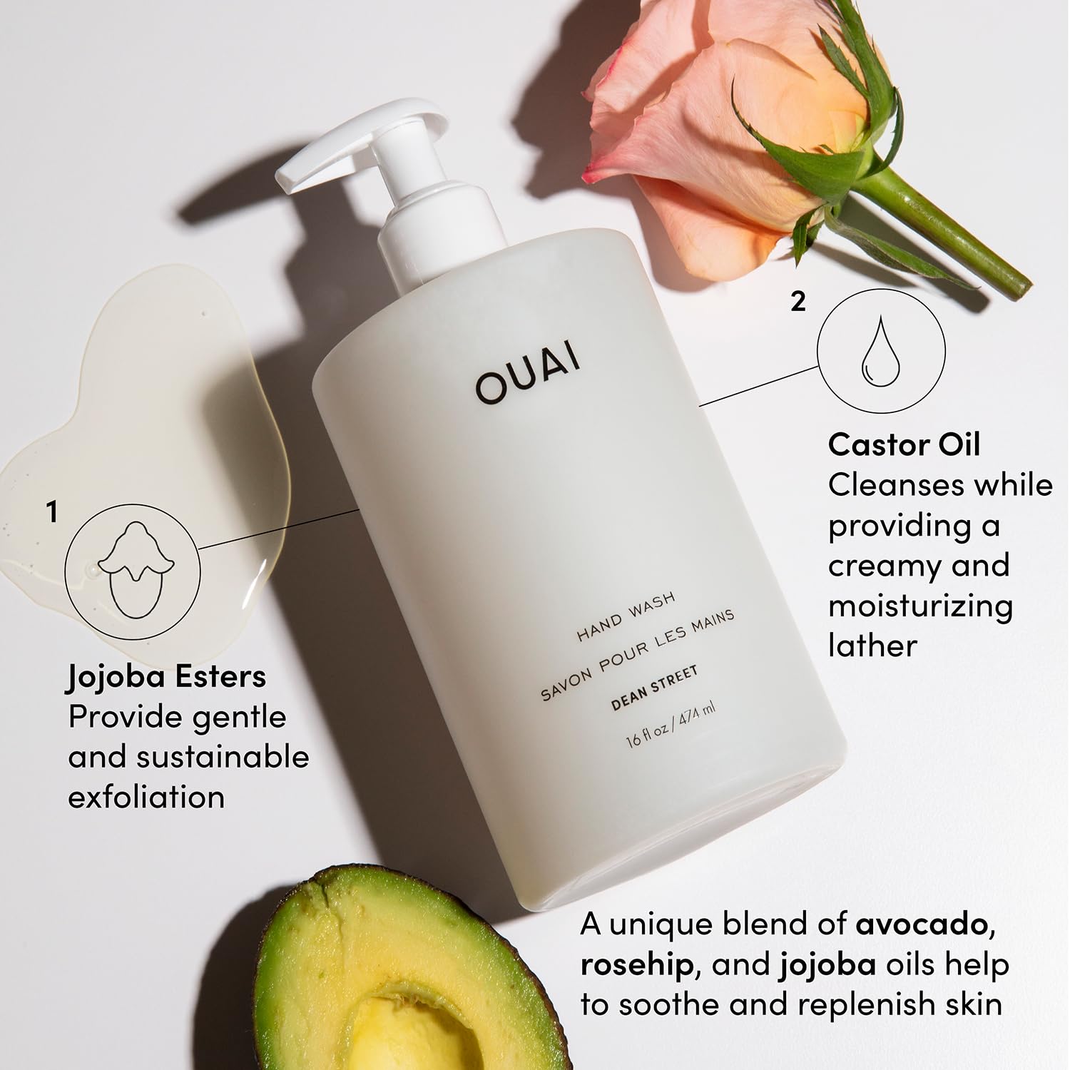 OUAI Hand Wash - Liquid Hand Soap with Jojoba, Avocado, &amp; Rose Hip Oil for Replenished Skin - Gentle Exfoliating Bathroom + Kitchen Hand Soap (16 Fl Oz)