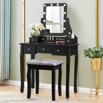 DORTALA Vanity Table Set with 360° Mirror &amp; Cushioned Stool, Makeup Table with 10 LED Dimmable Bulbs, Bedroom Wood Dressing Table with 5 Drawers and Removable Box Organizer, Gift for Females (White)