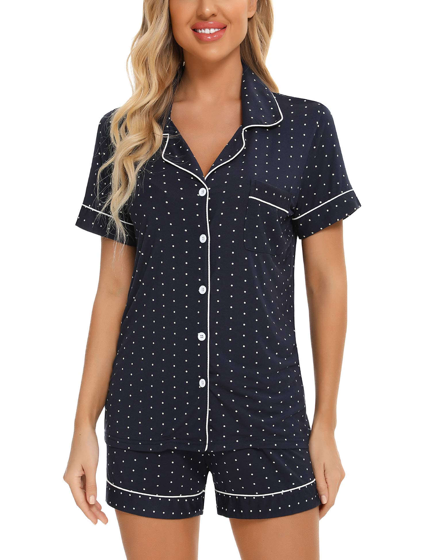 Senert Pajamas Set For Women Short Sleeve Sleepwear Soft Button Down Pjs Set Nightwear Lounge Sets S-XXL