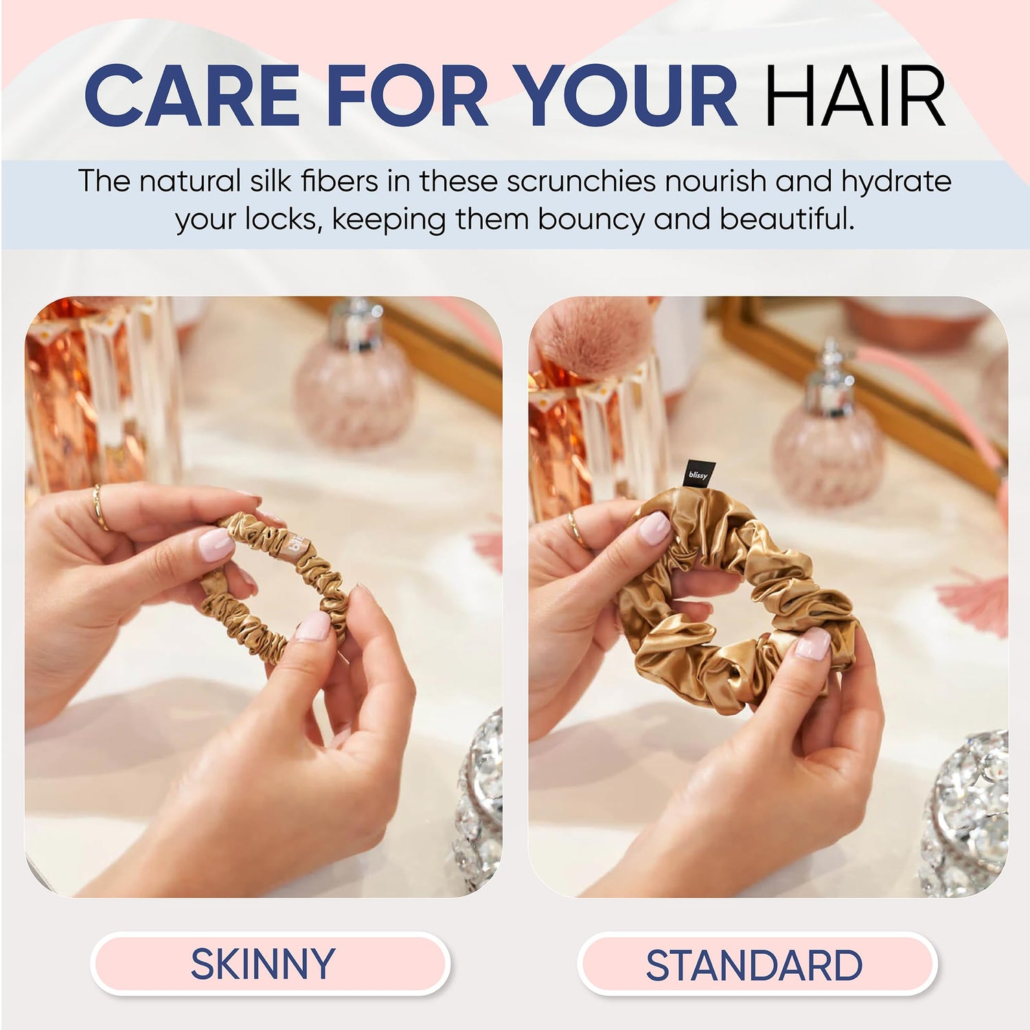 Blissy Silk Scrunchies (3 Pack) - 100% Pure Mulberry Silk - 22 Momme 6A High-Grade Fibers - Silk Scrunchie for Straight &amp; Curly Hair - Preventing Breakage, Tangling, &amp; Creasing (Rose Skinny)