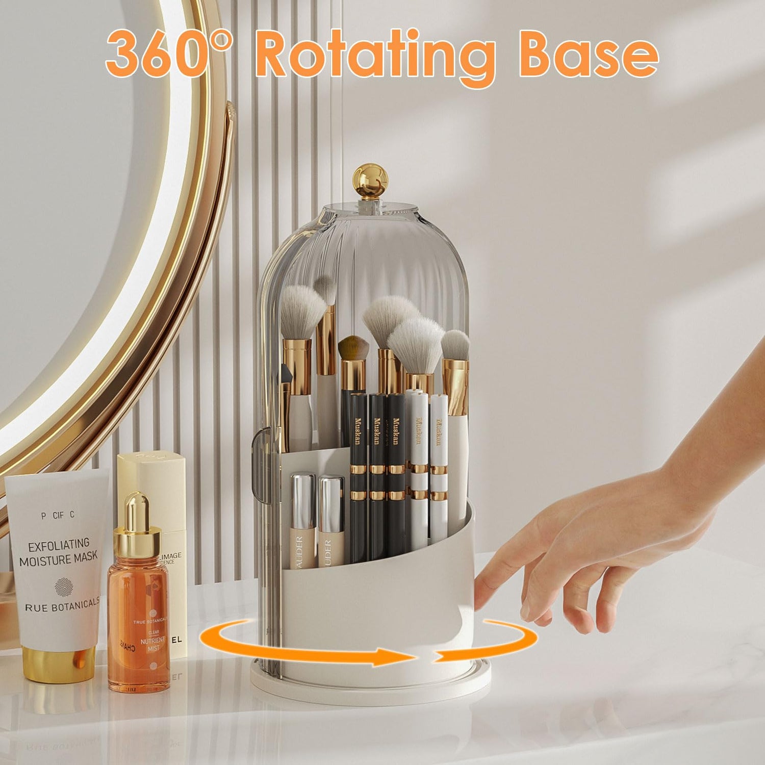 Makeup Brush Holder Organizer with Lid,360 Rotating Clear Dustproof Makeup Brushes Organizer for Vanity Desktop Bathroom Countertop (Transparent)