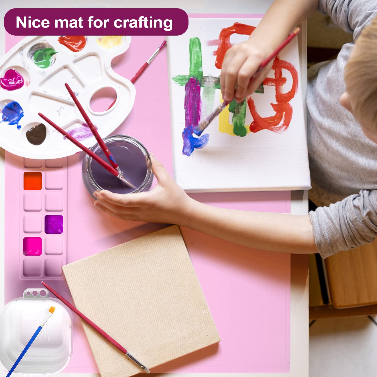 AWOKE Silicone Painting Mat - 20&quot;X16&quot; Silicone Art Mat with 1 Water Cup for Kids - Silcone Craft Mat has12 Color Dividers - 2 Paint Dividers (White)
