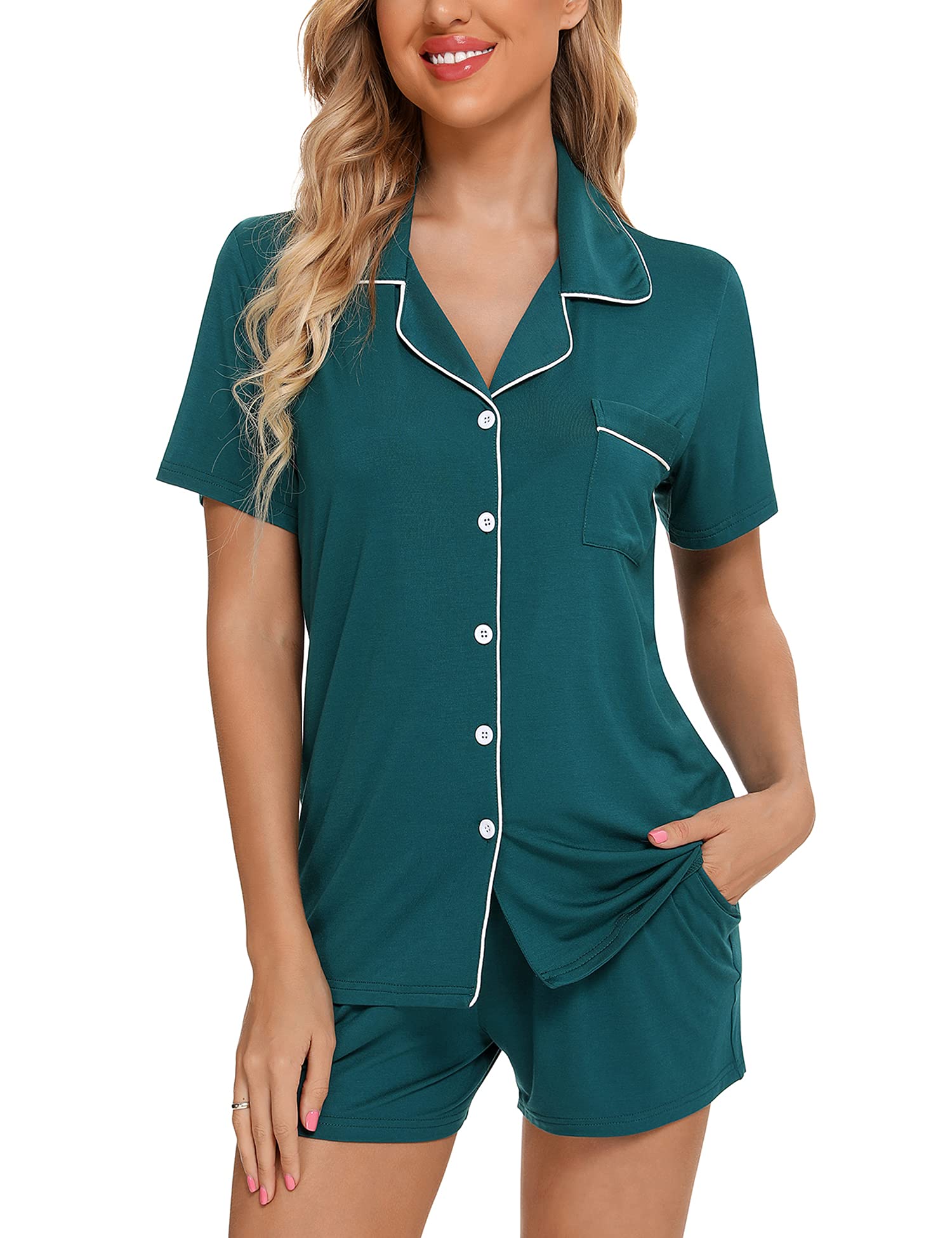 Senert Pajamas Set For Women Short Sleeve Sleepwear Soft Button Down Pjs Set Nightwear Lounge Sets S-XXL