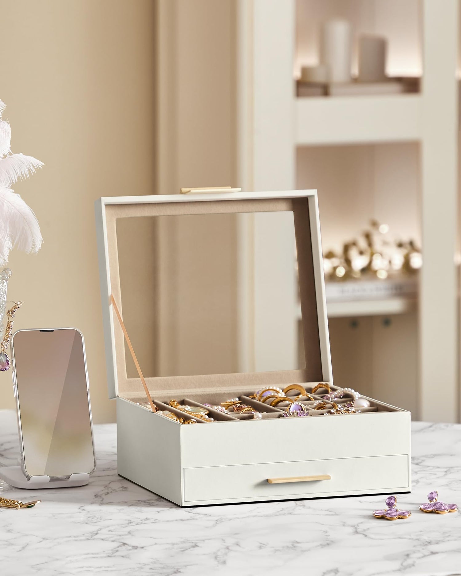 SONGMICS Jewelry Box with Glass Lid, 3-Layer Jewelry Organizer, 2 Drawers, for Big and Small Jewelry, Jewelry Storage, Modern Style, 8 x 9.1 x 5.3 Inches, Cloud White and Gold Color UJBC239WT