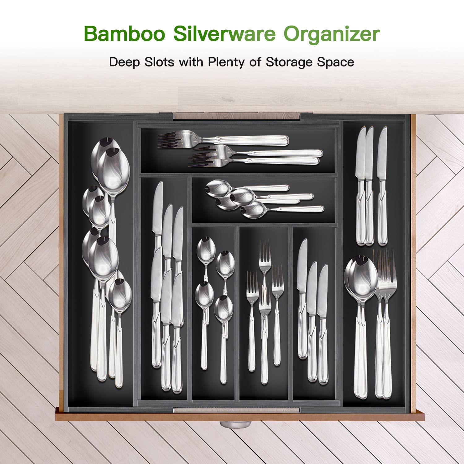 Bamboo Expandable Drawer Organizer for Utensils Holder, Adjustable Cutlery Tray, Wood Drawer Dividers Organizer for Silverware, Flatware, Knives in Kitchen, Bedroom, Living Room by Pipishell