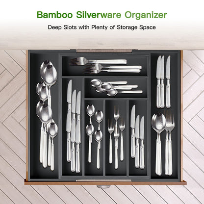 Bamboo Expandable Drawer Organizer for Utensils Holder, Adjustable Cutlery Tray, Wood Drawer Dividers Organizer for Silverware, Flatware, Knives in Kitchen, Bedroom, Living Room by Pipishell