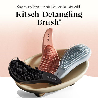 Kitsch Detangler Brush for Curly, Straight, Wet and Dry Hair - No Pain Hair Detangler Brush with Flexible Bristles, Easy-to-Hold, Shower &amp; Travel Hair Brush for Adults and Kids - Black