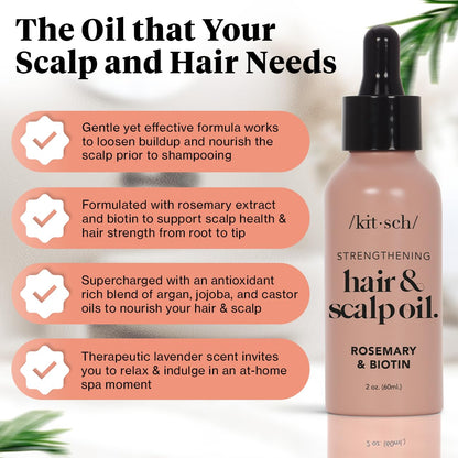 Kitsch Rosemary Oil for Hair Growth &amp; Healthy Scalp, Pre Wash Scalp &amp; Hair Oil Infused with Biotin, Hair Growth Serum &amp; Hair Strengthening Treatment, Nourishing &amp; Volumizing in Recycled Bottle, 60 mL