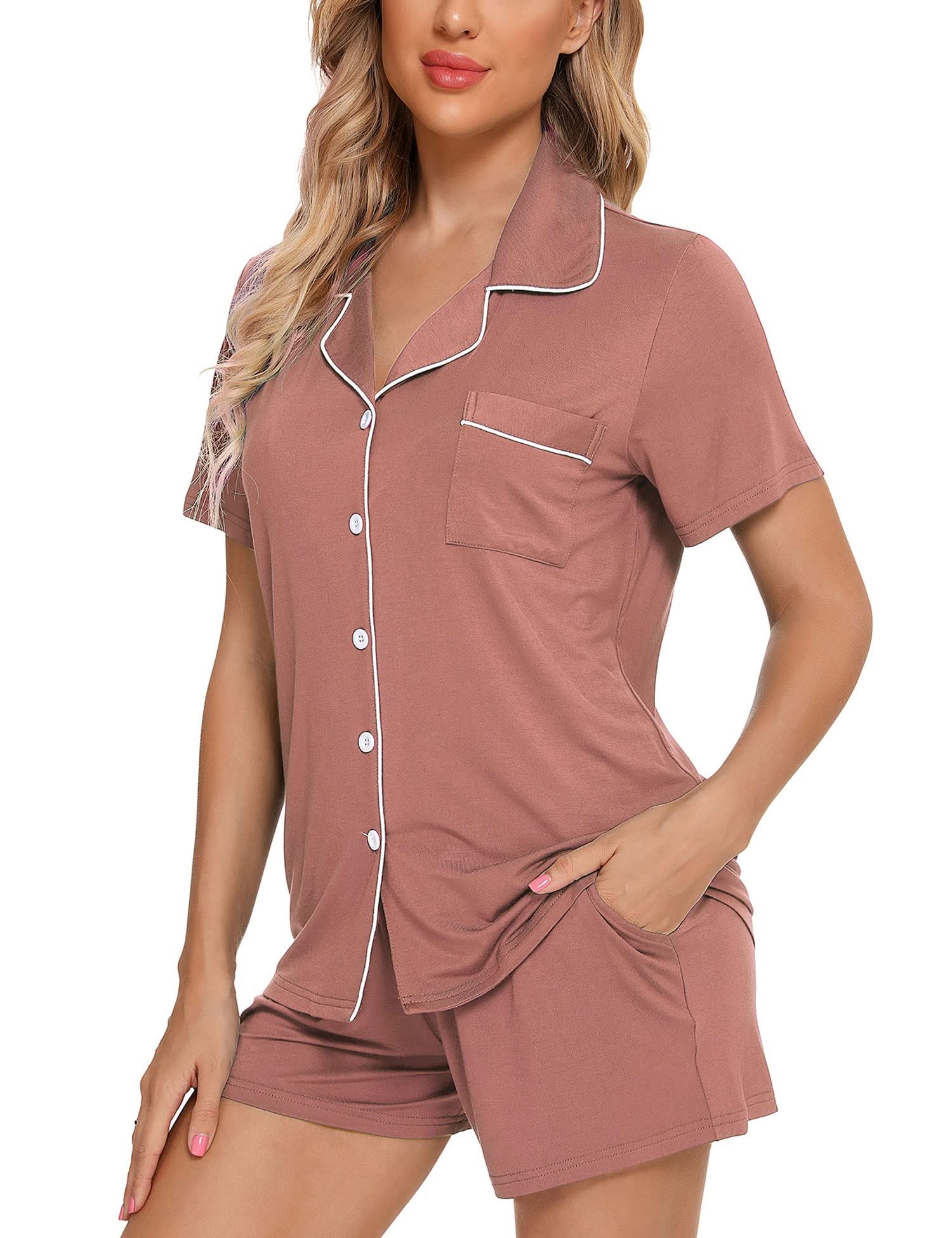 Senert Pajamas Set For Women Short Sleeve Sleepwear Soft Button Down Pjs Set Nightwear Lounge Sets S-XXL